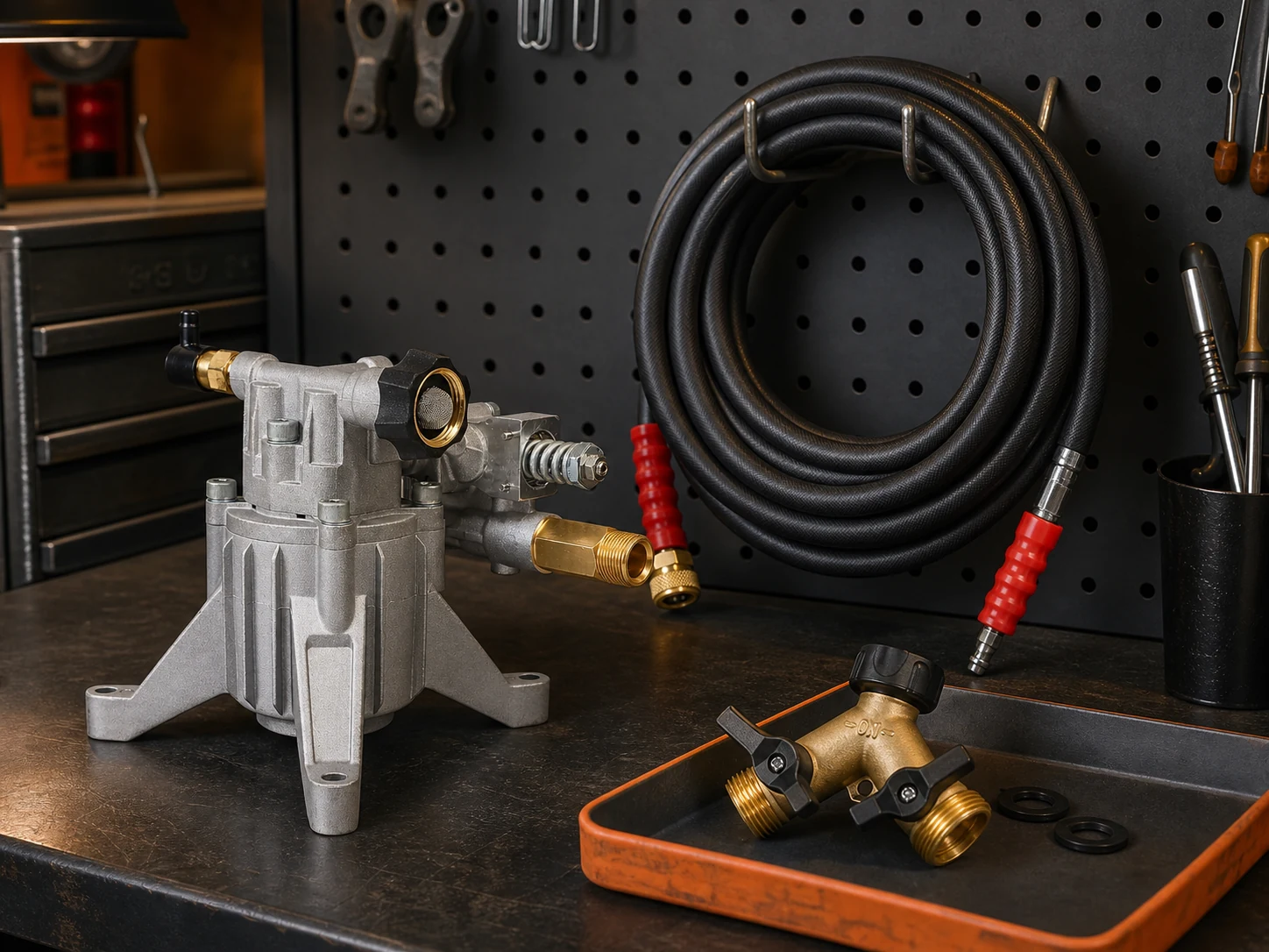 Pressure-cleaning accessories organized on a garage workbench