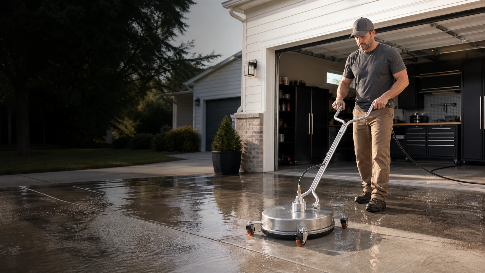Surface cleaner in use on a wet driveway beside an organized garage
