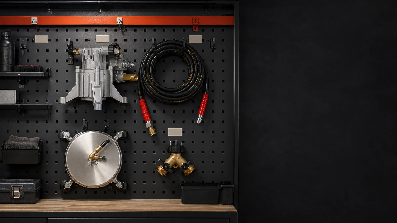 Pressure-cleaning accessories arranged on a dark project wall