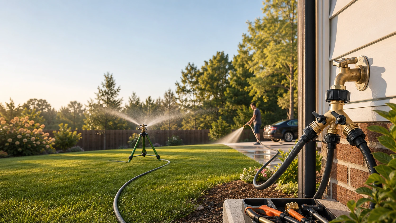 Outdoor water source routing to yard and driveway projects