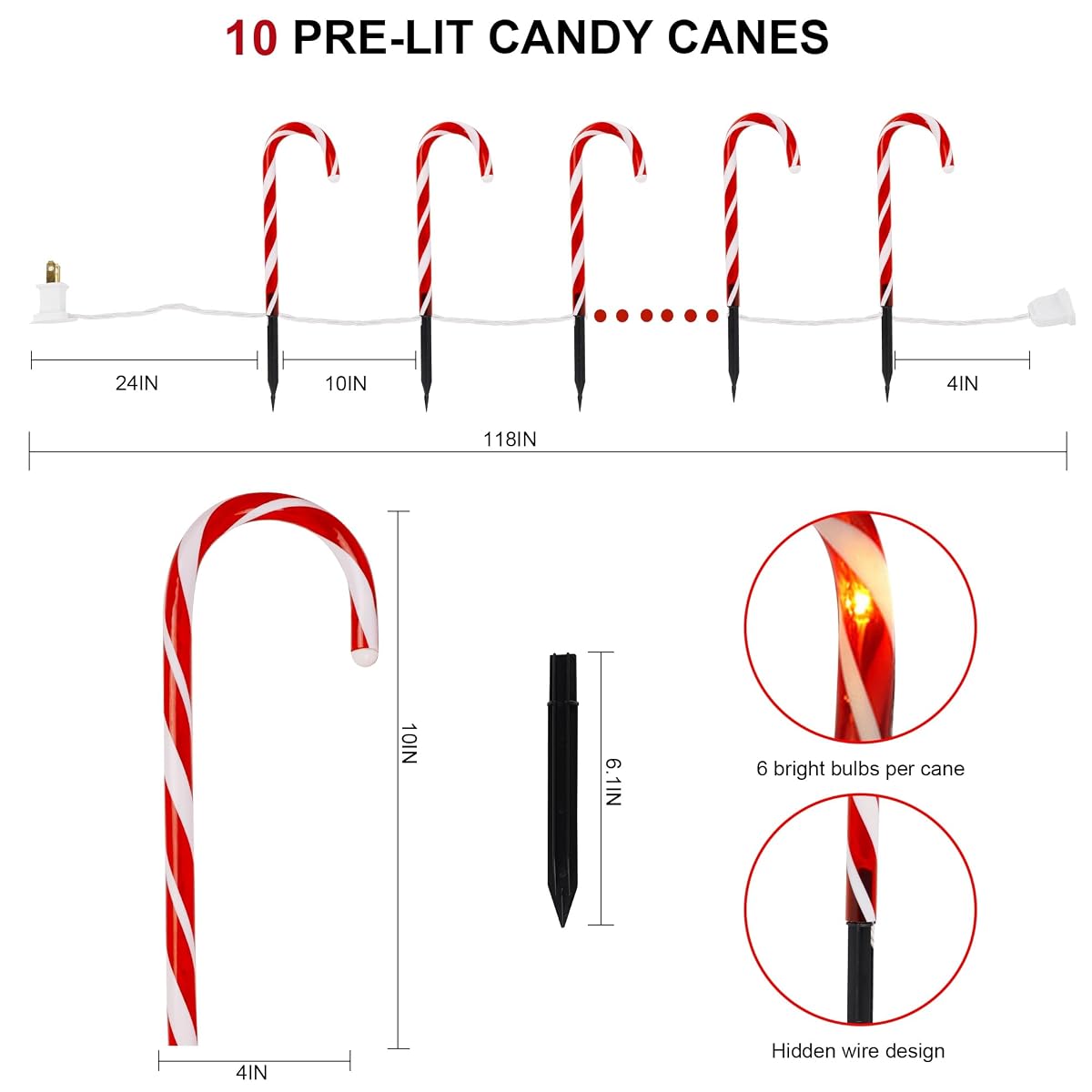 Biswing Christmas Outdoor Candy Cane Lights, 10 Pcs Christmas Pathway Markers with 60 Count Warm White Lights, Connectable for Indoor Outdoor Holiday Walkway Patio Garden Ornament - imagen de detalle 3