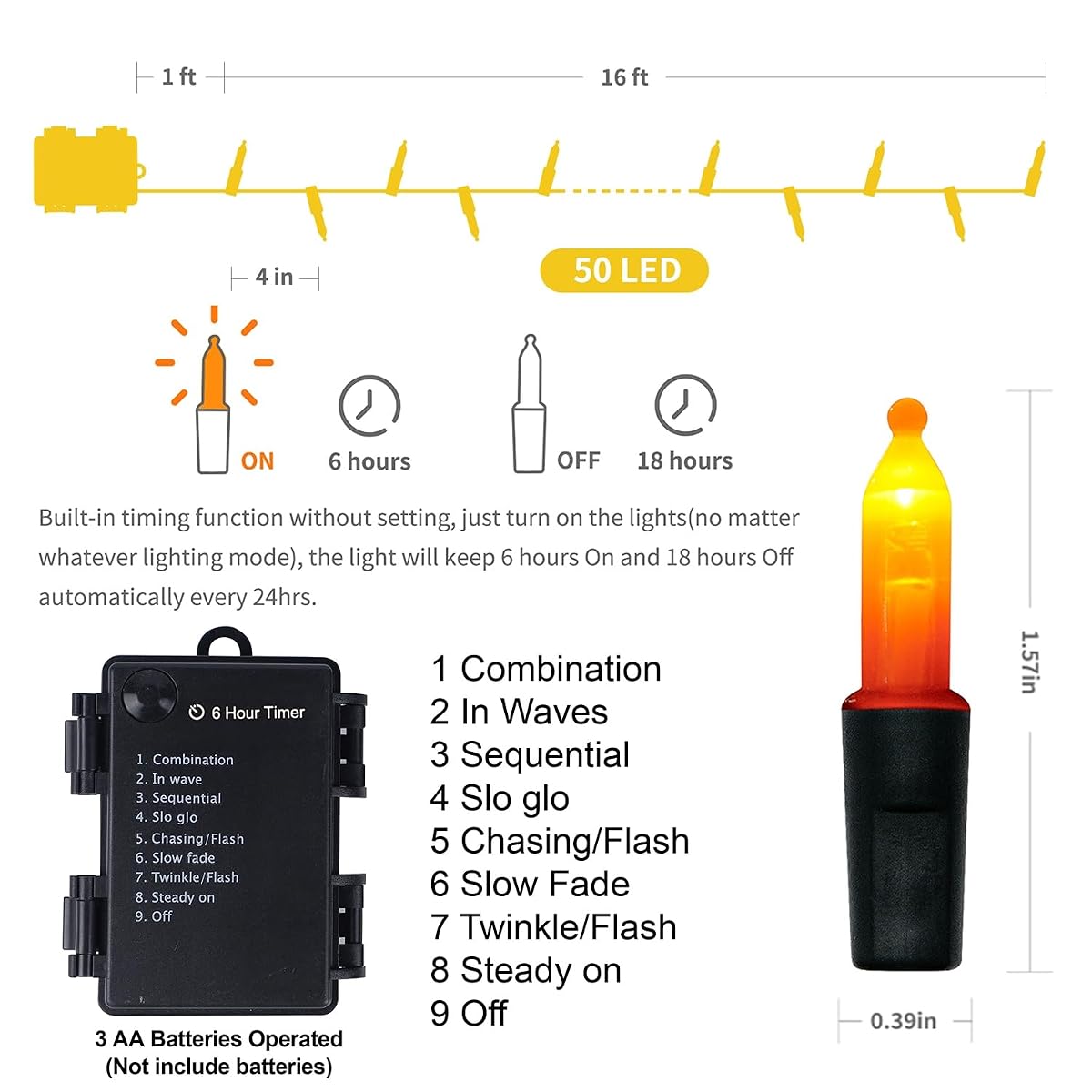 WATERGLIDE 2 Pack 50 LED Outdoor Halloween Lights, 16 FT Mini String Light with 8 Modes, Waterproof Battery Operated Tree Lights for Indoor Outdoor Patio Garden Party Wedding Decoration, Orange - 细节图 3