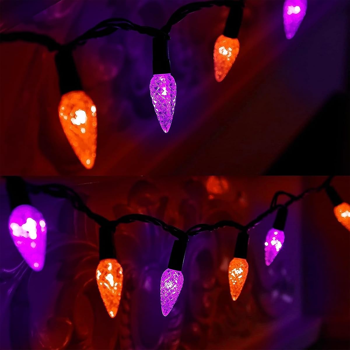 WATERGLIDE Halloween C6 String Lights, 33ft 100 LED Black Wire Fairy Lights with 29V Safe Adaptor, 8 Lighting Mode, Waterproof for Indoor Outdoor Patio Xmas Tree Party Decor, Orange & Purple - imagen de detalle 5