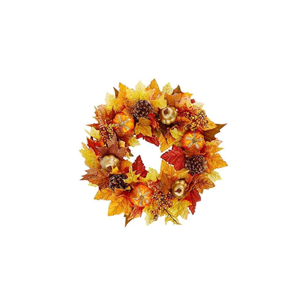 Biswing 17 Inch Fall Wreath, Artificial Maple Leaf and Pumpkins Wreaths, Autumn Harvest Wreath with Pine Cone and Berries for Front Door Wall Indoor Outdoor Halloween Thanksgiving Decorations