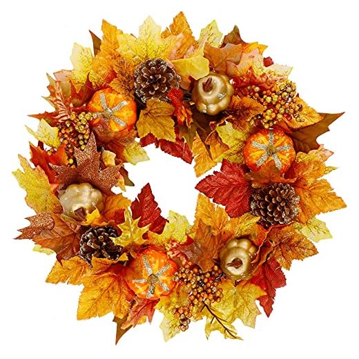 Biswing 17 Inch Fall Wreath, Artificial Maple Leaf and Pumpkins Wreaths, Autumn Harvest Wreath with Pine Cone and Berries for Front Door Wall Indoor Outdoor Halloween Thanksgiving Decorations