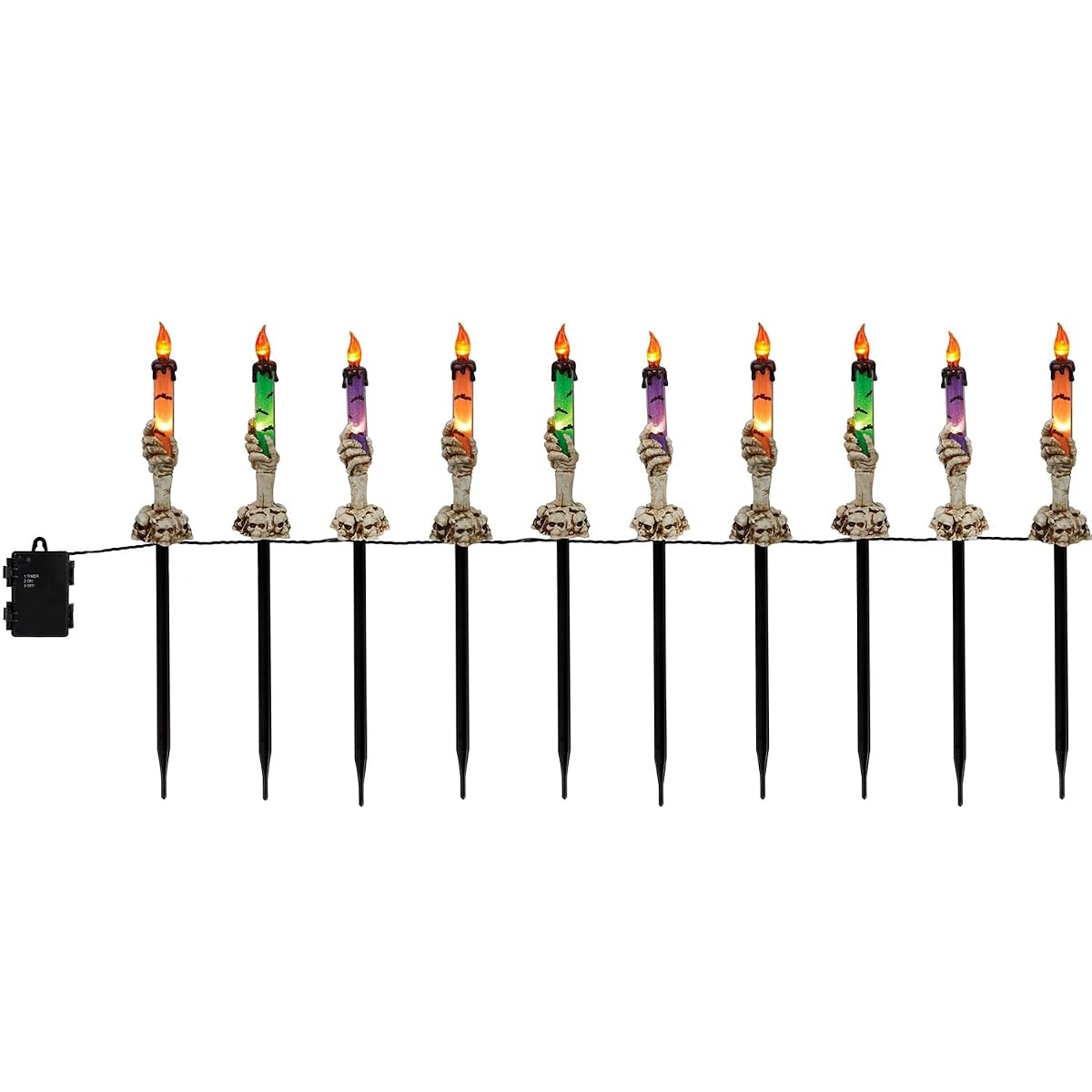 WATERGLIDE Halloween Decoration Candle Light Stakes, 10 Pack Skeleton Hands Hold Lighted Candle Pathway Makers, Waterproof Battery Operated with Timer, Light Up Figurine for Outdoor Holiday Party - imagen de detalle 6