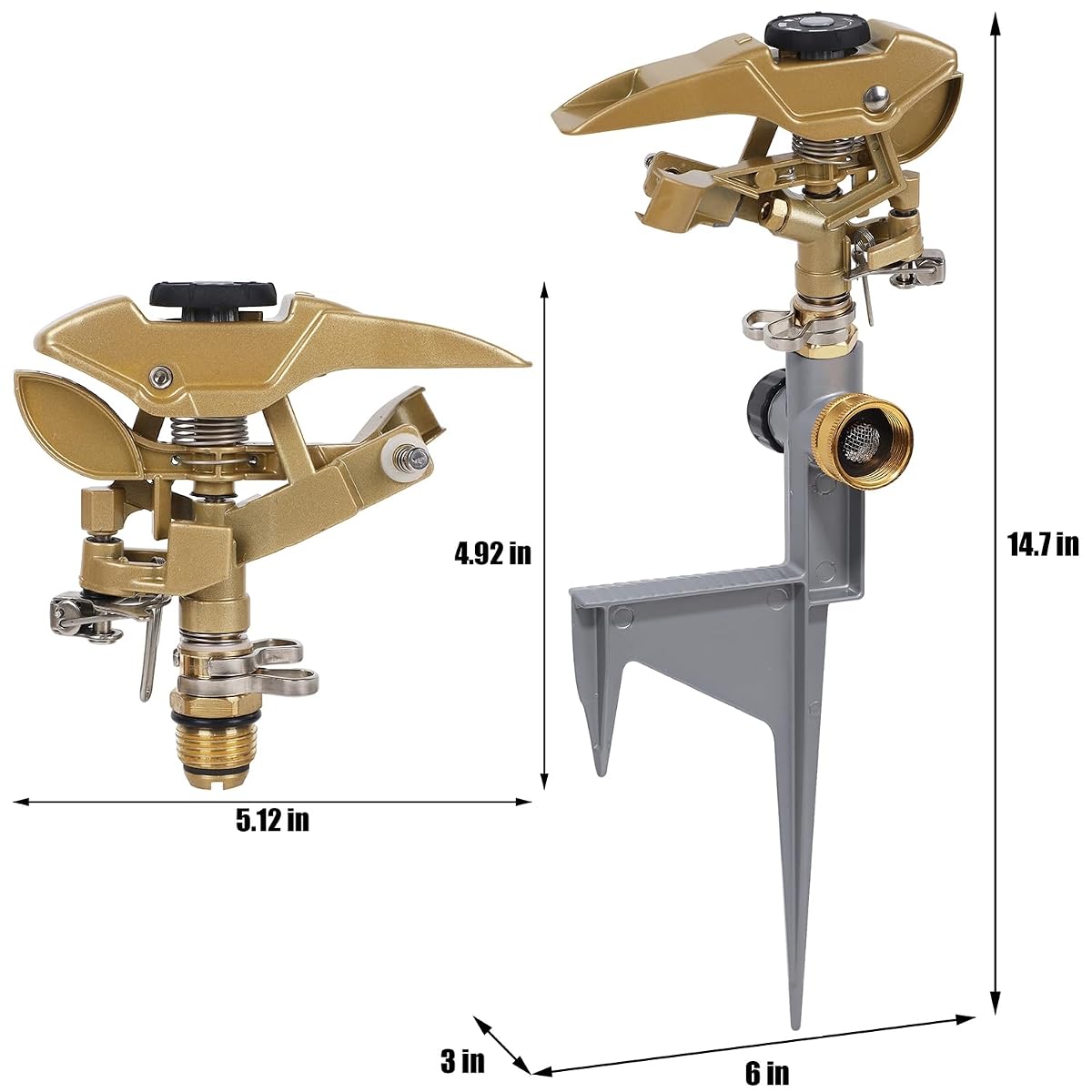 Biswing 2 Pack Impact Sprinklers on Metal Step Spike, Heavy Duty Zinc Alloy Lawn Sprinkler Head on Spike Base, Adjustable 360 Degree Watering Sprinkler for Large Area Grass Garden Irrigation - detail image 3
