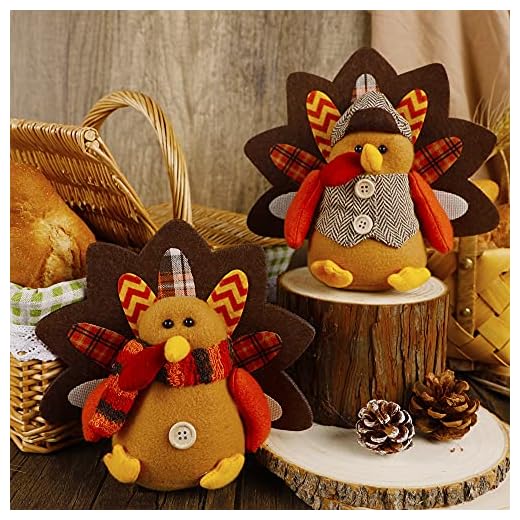 Biswing Thanksgiving Decoration Tabletop Standing Turkey Couple, 2 Pack Plush Stuffed Turkeys Shelf Sitters Figurine Gift for Thanksgiving Autumn Fall Harvest Halloween Home Table Decorations