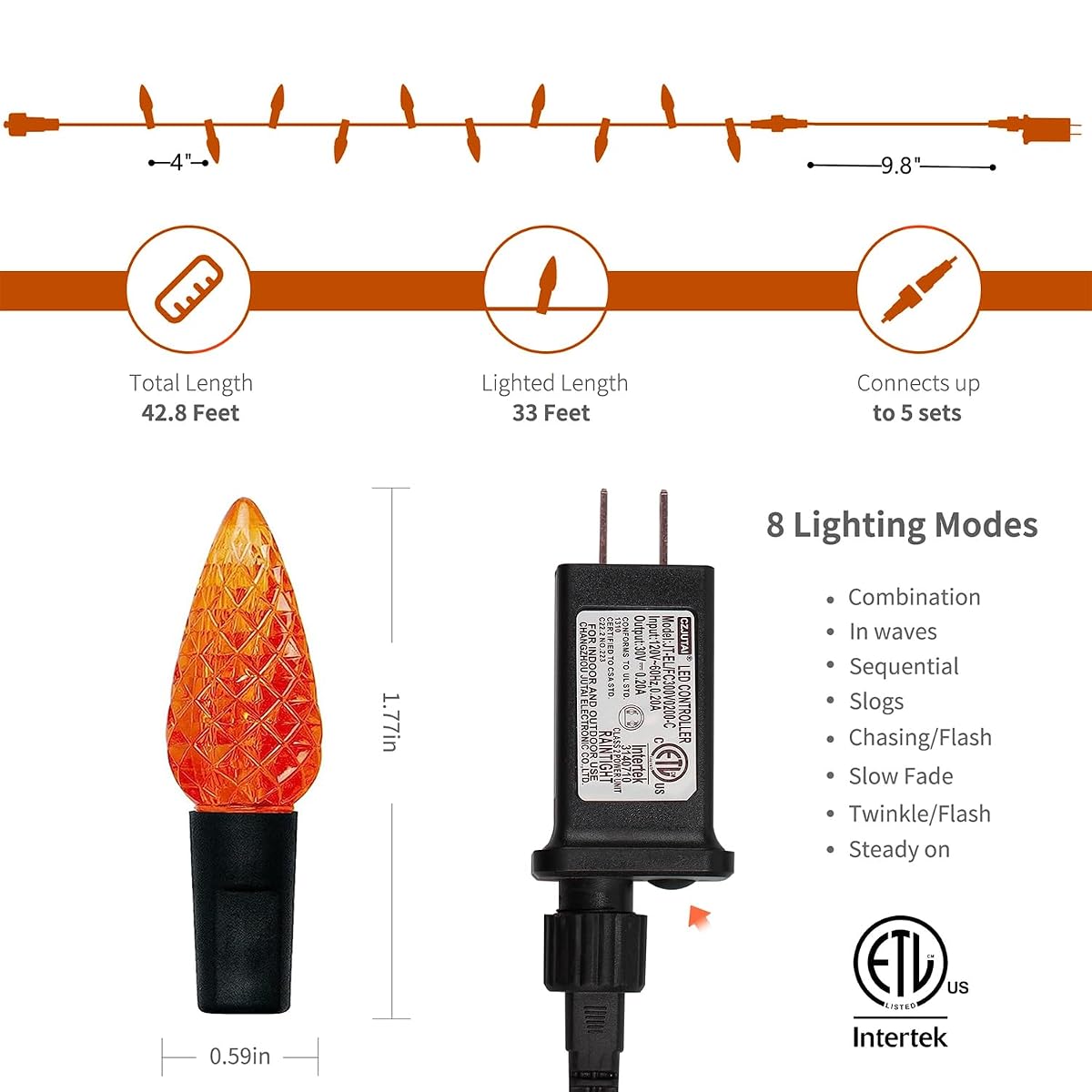 WATERGLIDE Halloween C6 String Lights, 33ft 100 LED Black Wire Fairy Lights with 29V Safe Adaptor, 8 Lighting Mode, Waterproof for Indoor Outdoor Patio Xmas Tree Party Decor, Orange & Purple - imagen de detalle 2
