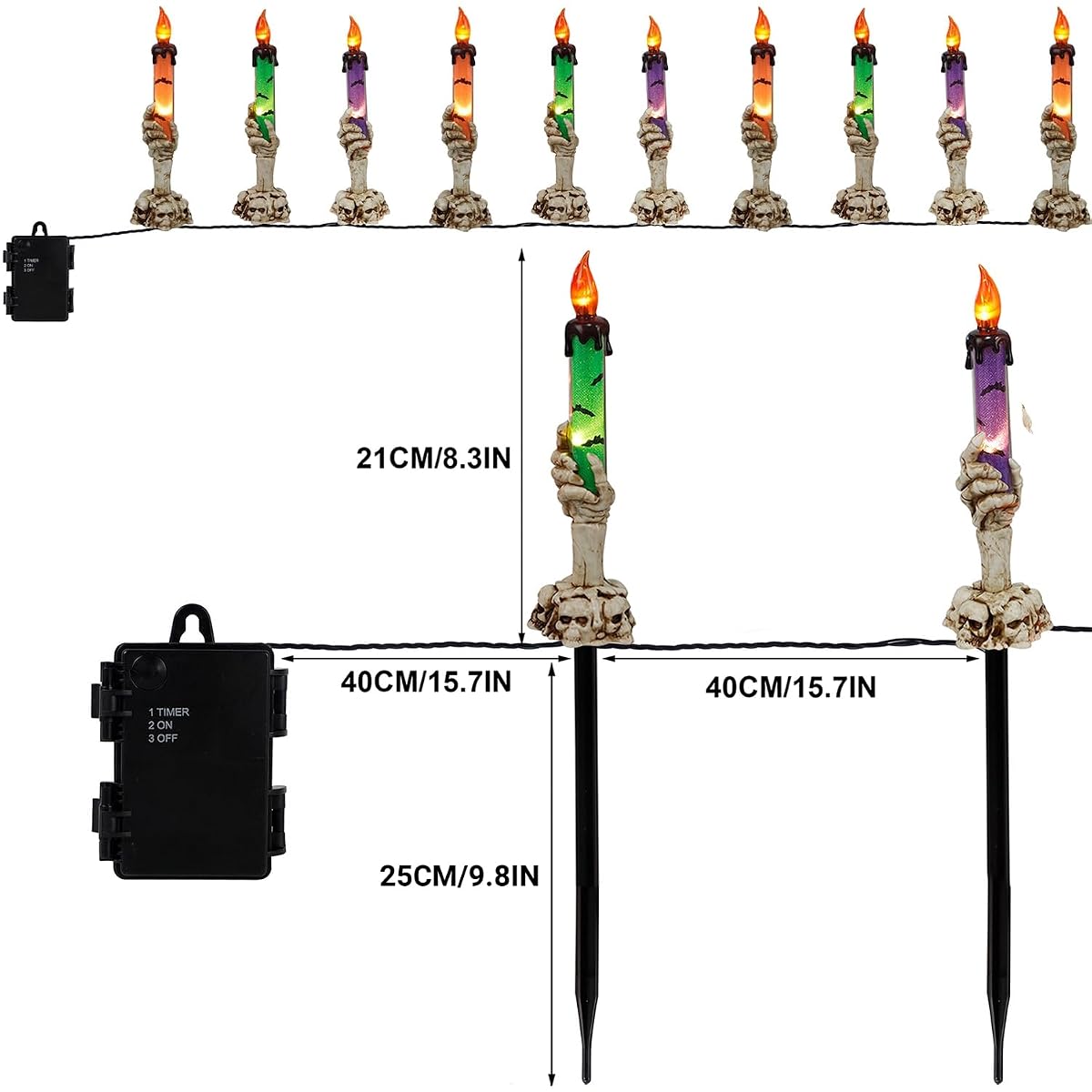 WATERGLIDE Halloween Decoration Candle Light Stakes, 10 Pack Skeleton Hands Hold Lighted Candle Pathway Makers, Waterproof Battery Operated with Timer, Light Up Figurine for Outdoor Holiday Party - imagen de detalle 2