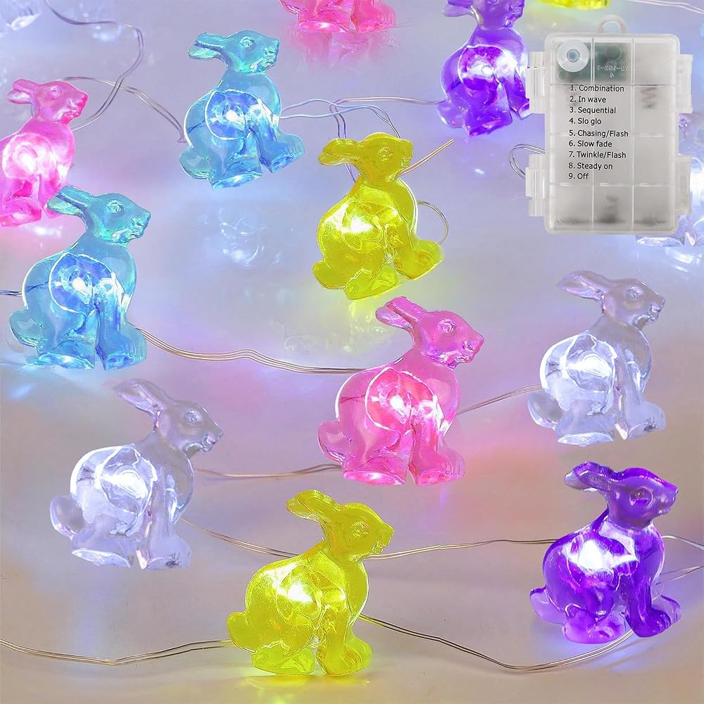 WATERGLIDE 1 Pack Easter Decorative Lights, 16FT 50LED Colorful Bunny String Fairy Lights, Battery Operated Rabbit Shaped Lights, 8 Modes & Timer, Waterproof Indoor Outdoor for Easter Party Home