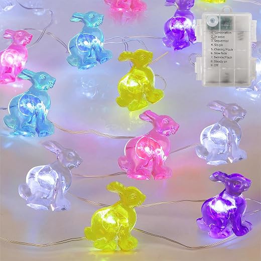 WATERGLIDE 1 Pack Easter Decorative Lights, 16FT 50LED Colorful Bunny String Fairy Lights, Battery Operated Rabbit Shaped Lights, 8 Modes & Timer, Waterproof Indoor Outdoor for Easter Party Home