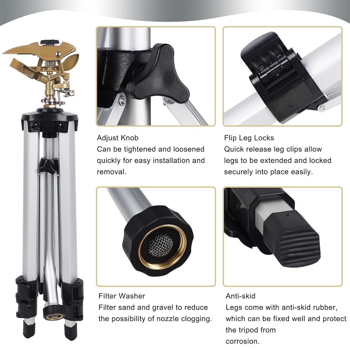 Biswing Large Impact Sprinkler Head on Tripod Base, Adjustable Zinc Alloy Lawn Sprinklers for Yard Lawn Garden, 3/4" NH Connector, 360 Degree Large Area Coverage Irrigator with Extension Legs, 2 Pack - detail image 4