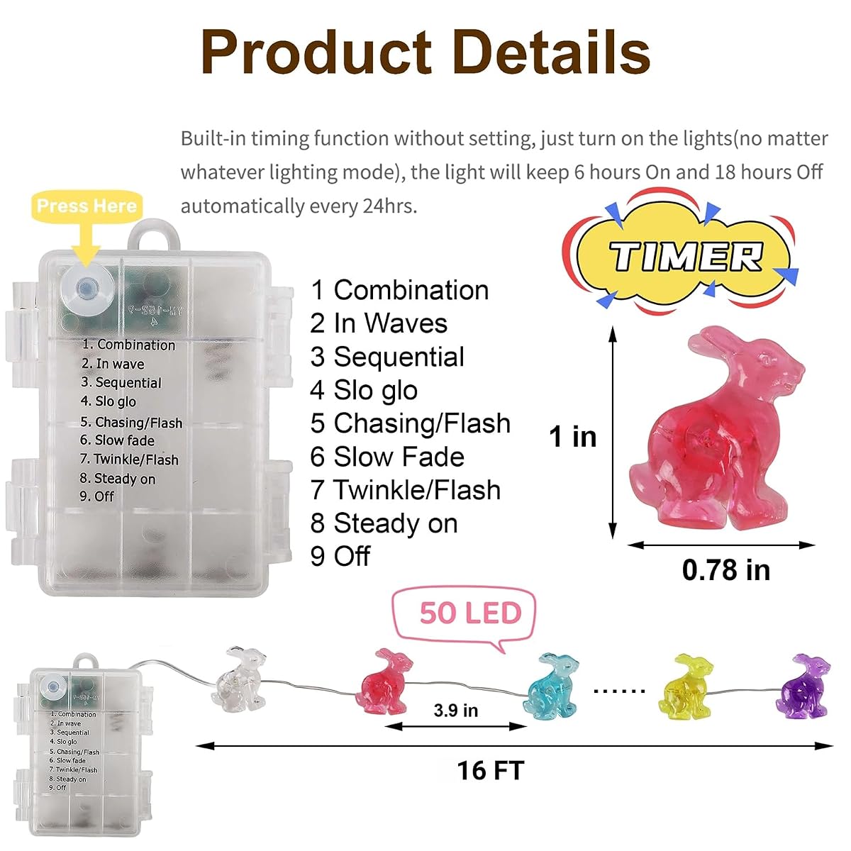 WATERGLIDE 1 Pack Easter Decorative Lights, 16FT 50LED Colorful Bunny String Fairy Lights, Battery Operated Rabbit Shaped Lights, 8 Modes & Timer, Waterproof Indoor Outdoor for Easter Party Home - 细节图 2