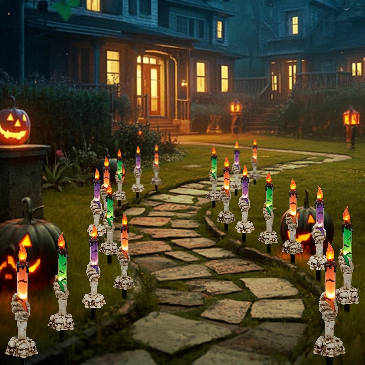 WATERGLIDE Halloween Decoration Candle Light Stakes, 10 Pack Skeleton Hands Hold Lighted Candle Pathway Makers, Waterproof Battery Operated with Timer, Light Up Figurine for Outdoor Holiday Party - imagen de detalle 4