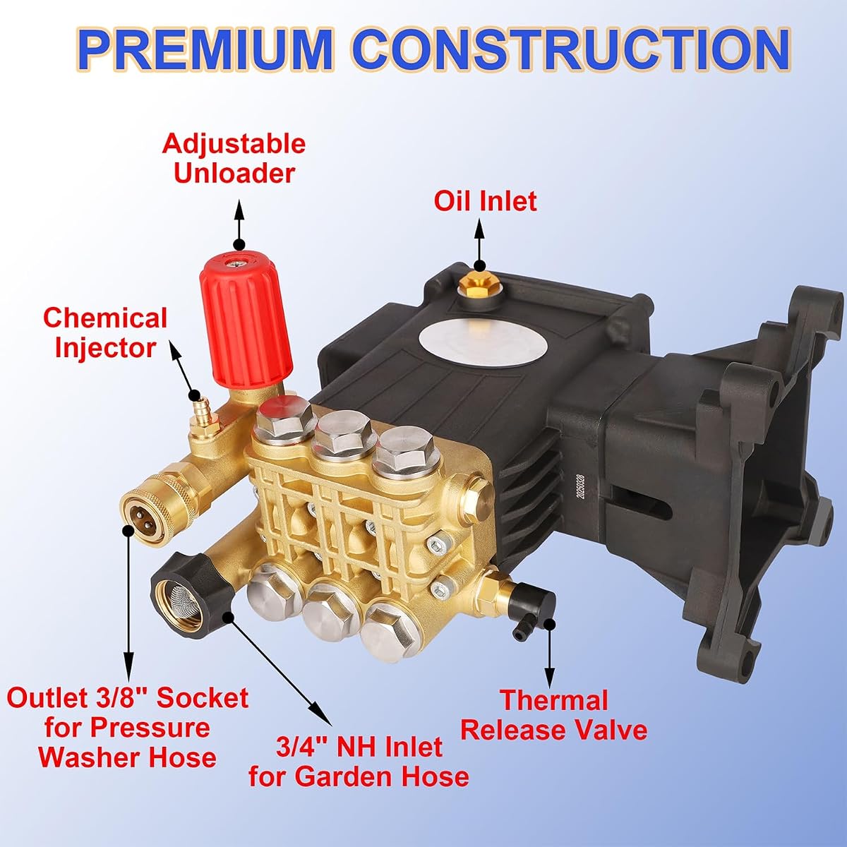 Biswing Pressure Washer Pump, 1" Shaft Horizontal Triplex Plunger, 4400 PSI Max, 4 GPM, Direct Drive Pump with Adjustment Unloader, Replacement Pumps for Cold Water Gas Power Pressure Washer - imagem de detalhe 2