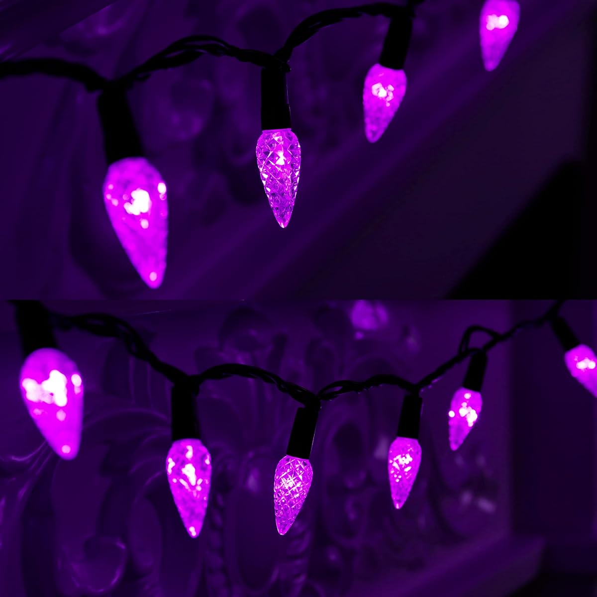 WATERGLIDE Halloween C6 String Lights, 33ft 100 LED Black Wire Fairy Lights with 29V Safe Adaptor, 8 Lighting Mode, Waterproof for Indoor Outdoor Patio Xmas Tree Party Decor, Purple - imagen de detalle 1