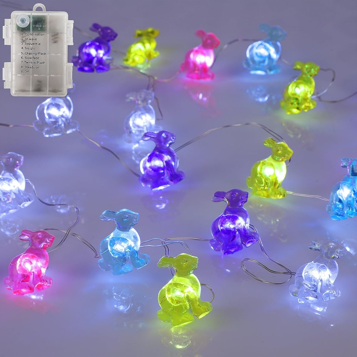 WATERGLIDE 1 Pack Easter Decorative Lights, 16FT 50LED Colorful Bunny String Fairy Lights, Battery Operated Rabbit Shaped Lights, 8 Modes & Timer, Waterproof Indoor Outdoor for Easter Party Home - 细节图 6