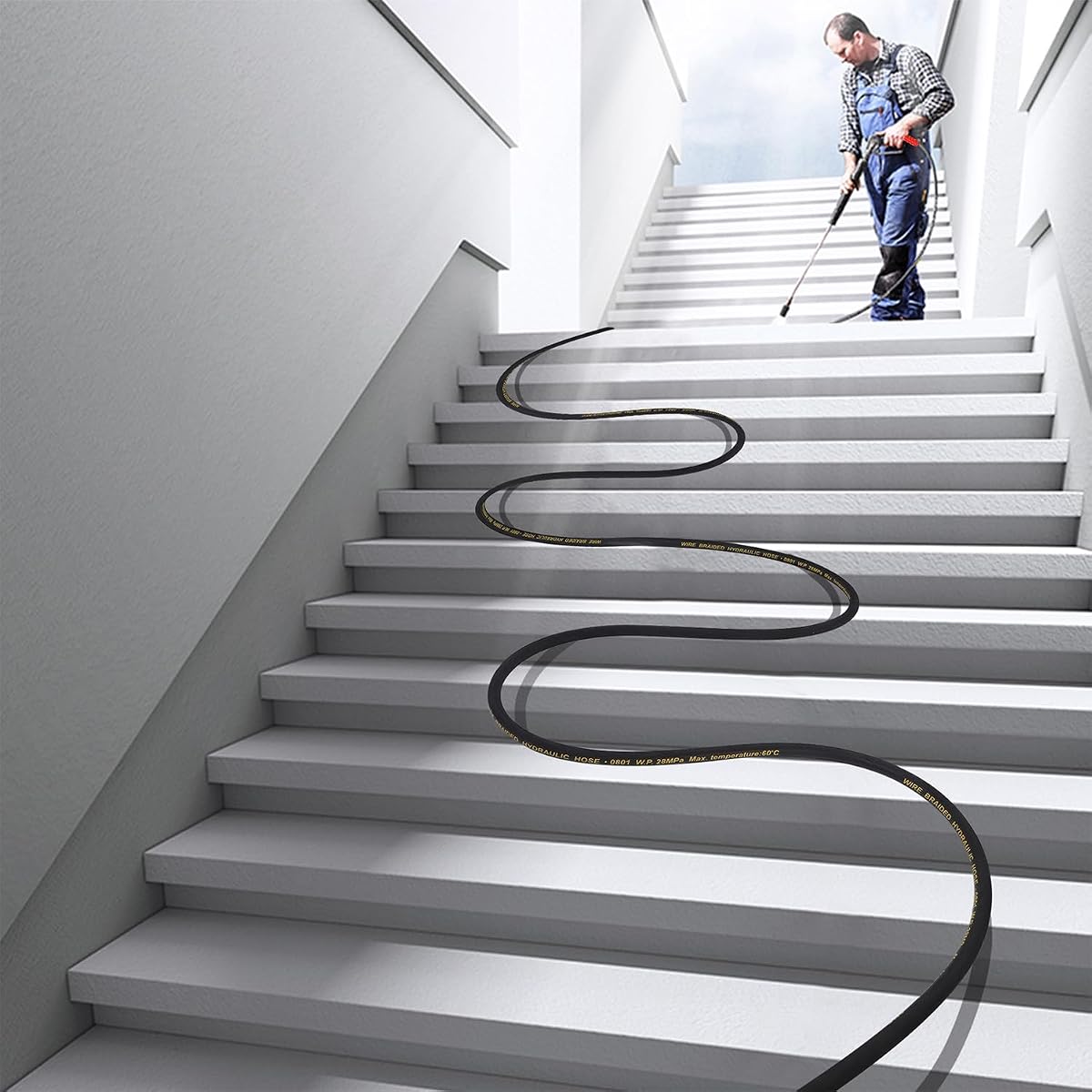 Biswing Pressure Washer Hose 50FT with 3/8 Inch Quick Connect, High Tensile Wire Braided Power Washer Hose, Kink Proof Extension Hose for Cars Floors Swimming Pool Washing, 4000 PSI - imagen de detalle 2
