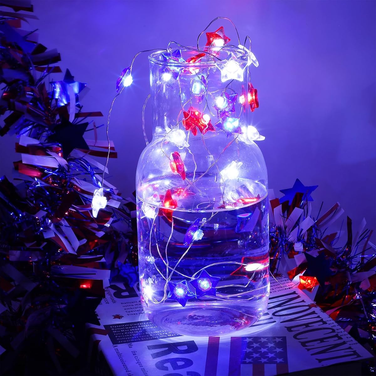 WATERGLIDE 2 Pack 4th of July String Lights, 16FT 50LED Red White and Blue Patriotic Star Lights, Battery Operated with 8 Modes & Timer, Waterproof Indoor Outdoor for Memorial Day Independence Day - detail image 6