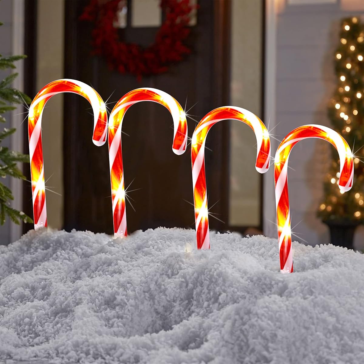 Biswing Christmas Outdoor Candy Cane Lights, 10 Pcs Christmas Pathway Markers with 60 Count Warm White Lights, Connectable for Indoor Outdoor Holiday Walkway Patio Garden Ornament - imagen de detalle 2