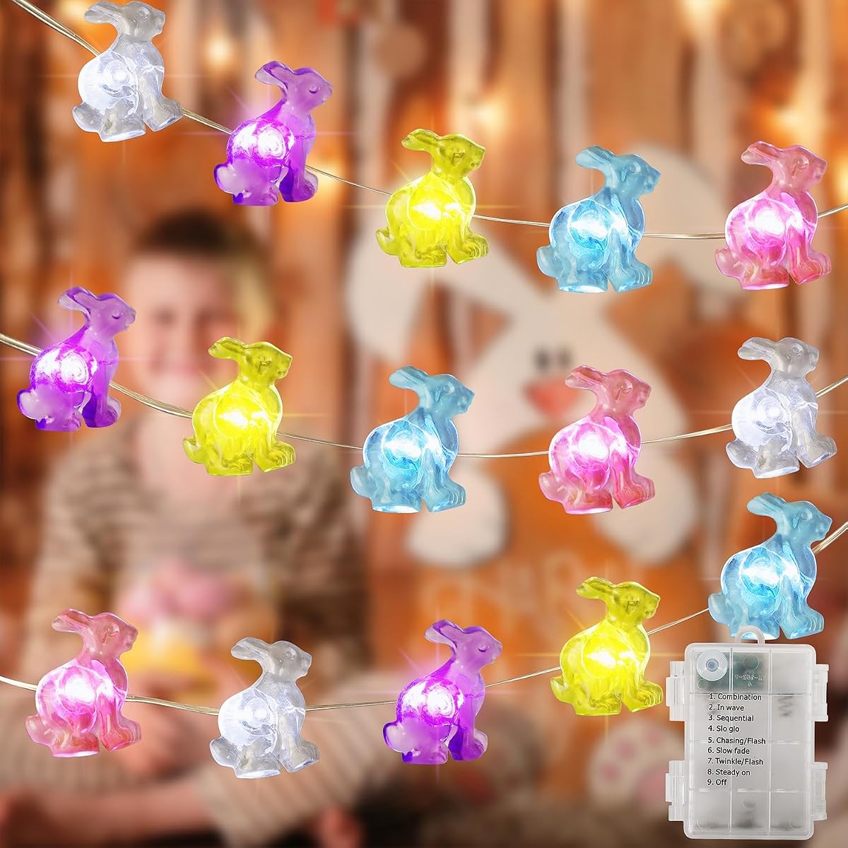 WATERGLIDE 1 Pack Easter Decorative Lights, 16FT 50LED Colorful Bunny String Fairy Lights, Battery Operated Rabbit Shaped Lights, 8 Modes & Timer, Waterproof Indoor Outdoor for Easter Party Home - 细节图 5