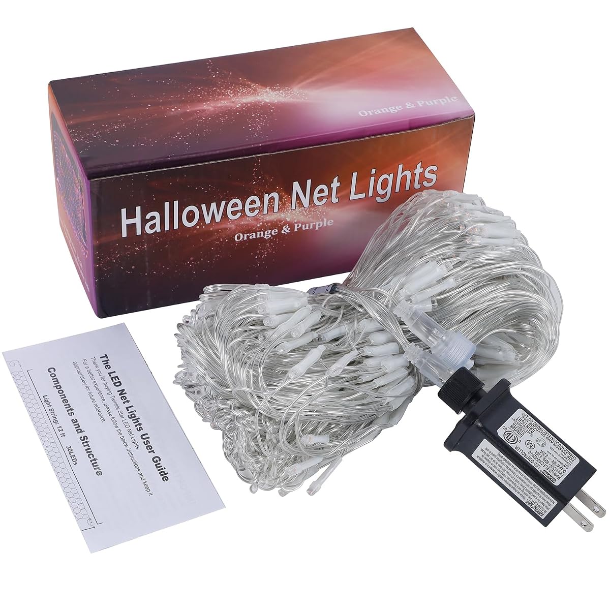 WATERGLIDE Outdoor Halloween Net Lights, 12FT x 5FT 360 LED Fairy String Light with 8 Lighting Modes, Connectable Light Safe Adaptor for Garden Tree Bushes Holiday Party Decorations, Orange & Purple - imagem de detalhe 2