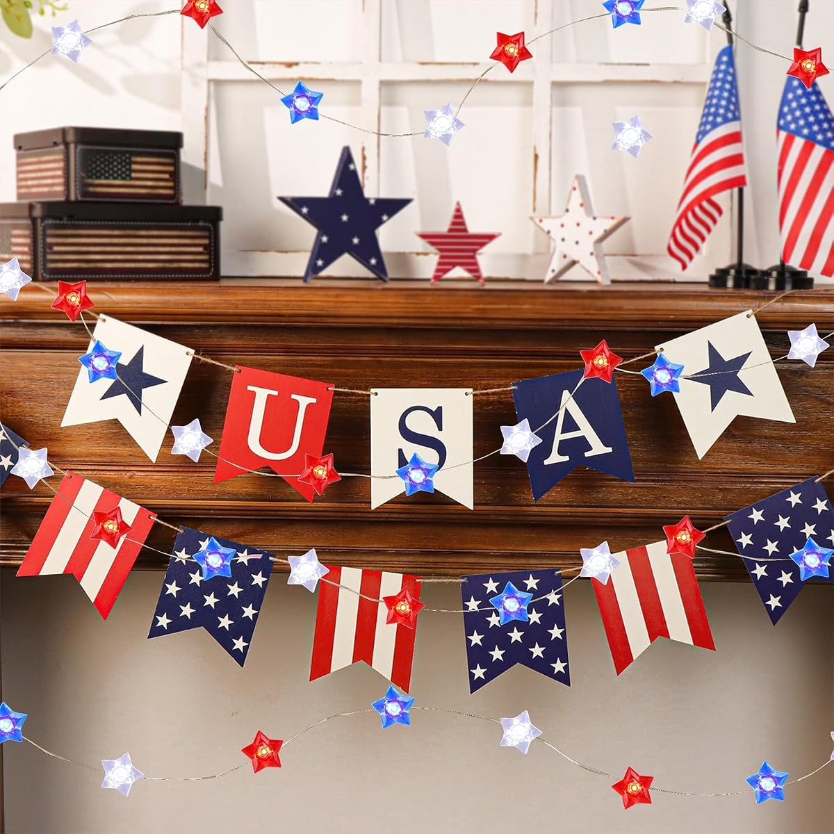 WATERGLIDE 2 Pack 4th of July String Lights, 16FT 50LED Red White and Blue Patriotic Star Lights, Battery Operated with 8 Modes & Timer, Waterproof Indoor Outdoor for Memorial Day Independence Day - detail image 2
