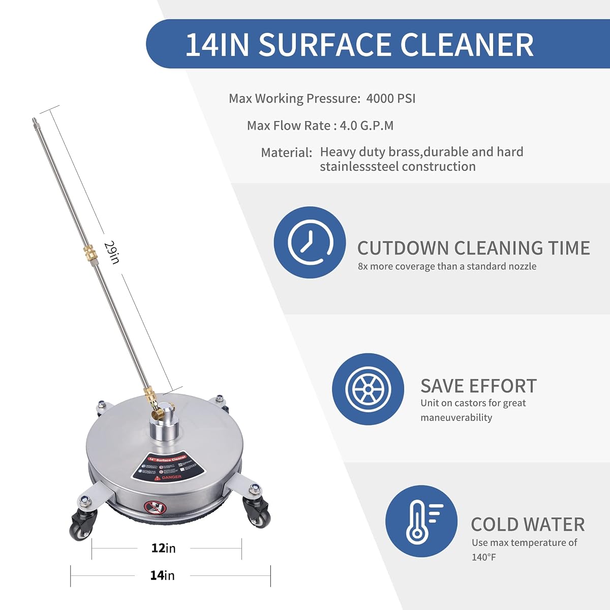 Biswing 14" Pressure Washer Surface Cleaner with 4 Wheels, Stainless Steel Power Washer Accessory for Driveways Sidewalks Patios Cleaning, 1/4" Quick Connector, 2 Extension Wand Attachments, 4000 PSI - detail image 2