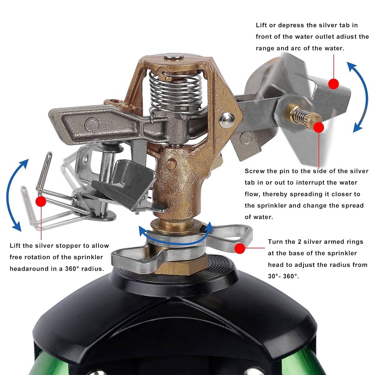 Biswing Impact Sprinkler Head on Tripod Base, Heavy Duty Lawn Sprinklers, 360 Degree Large Area Irrigation, Metal Sprinkler Nozzle & Solid Alloy Metal Extension Legs Flip Locks, 2 Pack - detail image 3