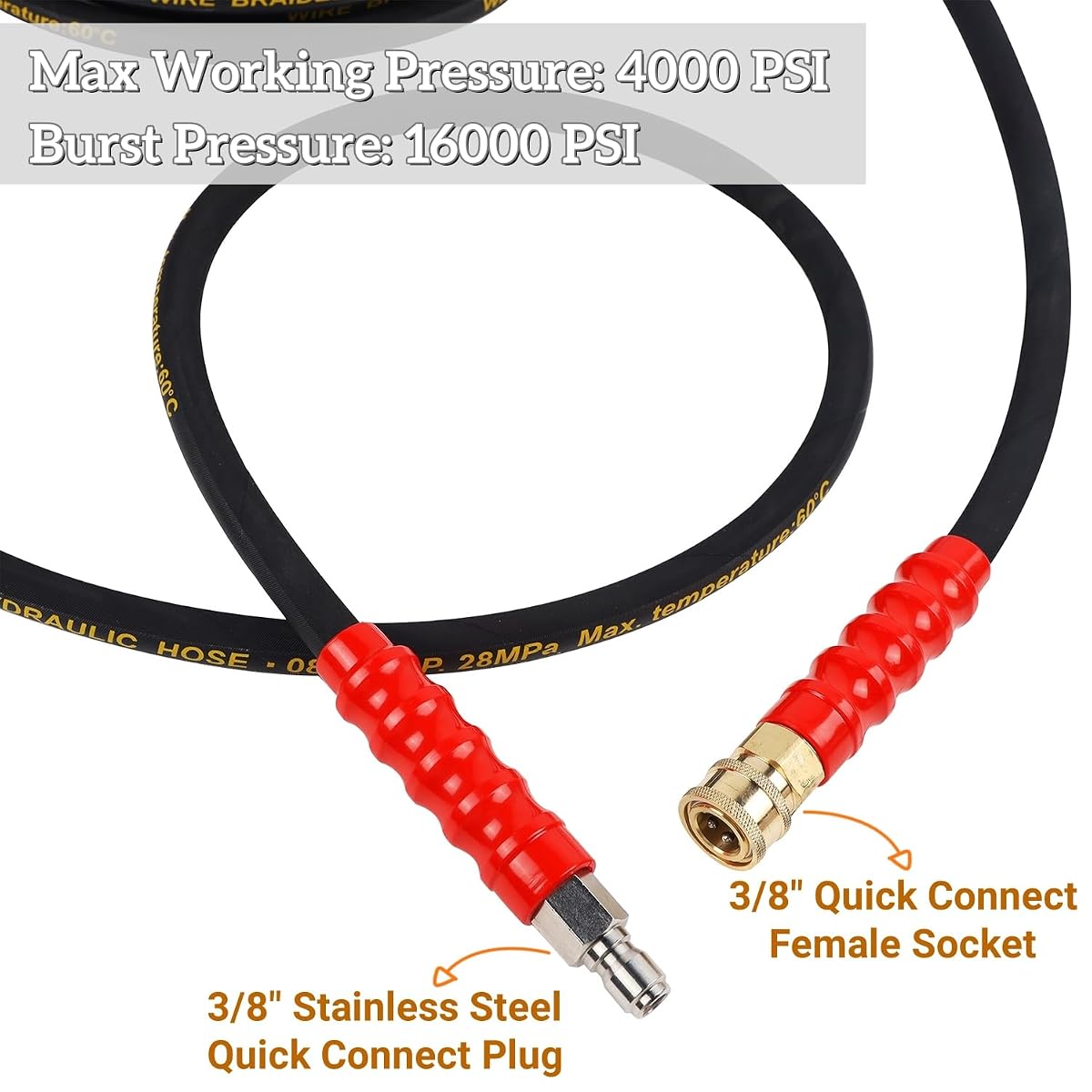 Biswing Pressure Washer Hose 50FT with 3/8 Inch Quick Connect, High Tensile Wire Braided Power Washer Hose, Kink Proof Extension Hose for Cars Floors Swimming Pool Washing, 4000 PSI - imagen de detalle 3