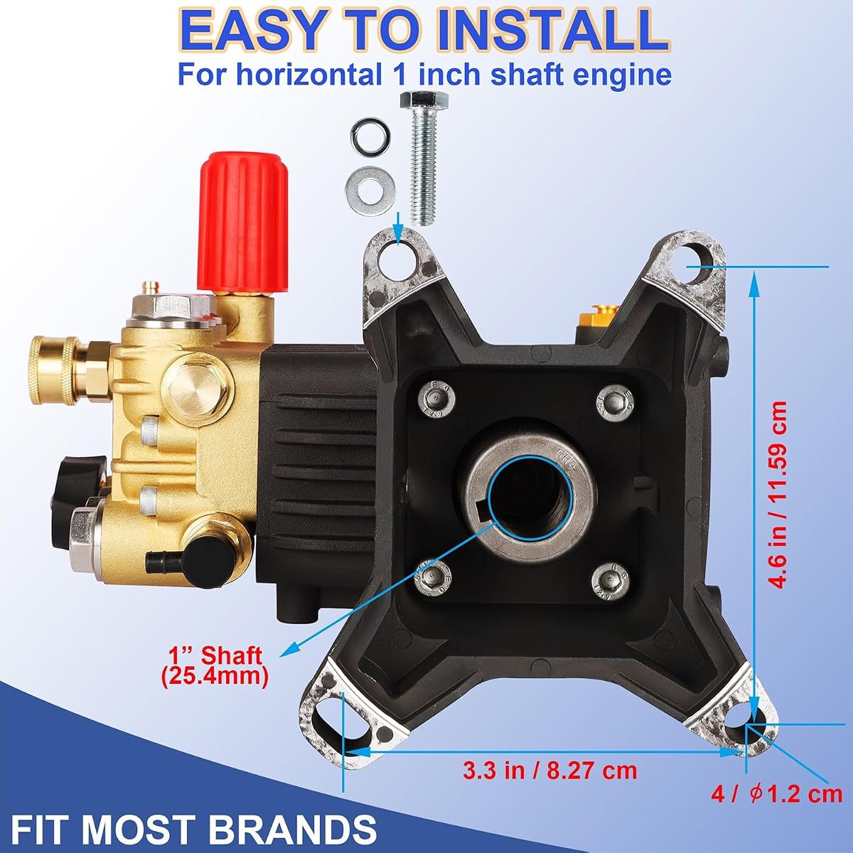 Biswing Pressure Washer Pump, 1" Shaft Horizontal Triplex Plunger, 4400 PSI Max, 4 GPM, Direct Drive Pump with Adjustment Unloader, Replacement Pumps for Cold Water Gas Power Pressure Washer - imagem de detalhe 3
