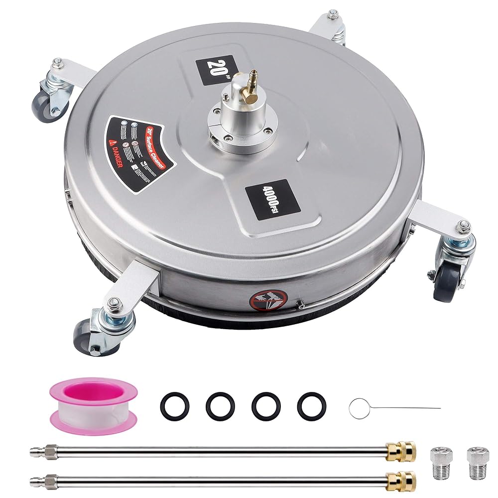 Biswing 20" Pressure Washer Stainless Steel Surface Cleaner with 4 Wheels & 1/4" Quick Connector, Power Washer Attachment with 2 Extension Wand, 2 Replacement Nozzles, 4000 PSI
