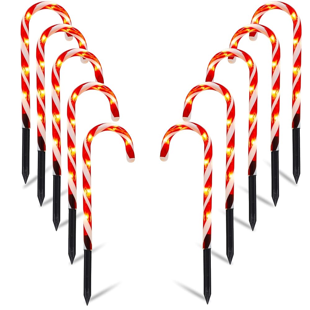 Biswing Christmas Outdoor Candy Cane Lights, 10 Pcs Christmas Pathway Markers with 60 Count Warm White Lights, Connectable for Indoor Outdoor Holiday Walkway Patio Garden Ornament