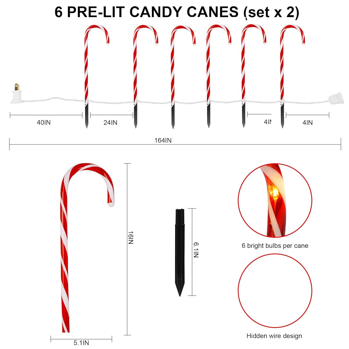 Biswing Christmas Outdoor Candy Cane Lights, 12 Pcs Christmas Pathway Markers with 72 Count Warm White Lights, Connectable for Indoor Outdoor Holiday Walkway Patio Garden Ornament - imagem de detalhe 3