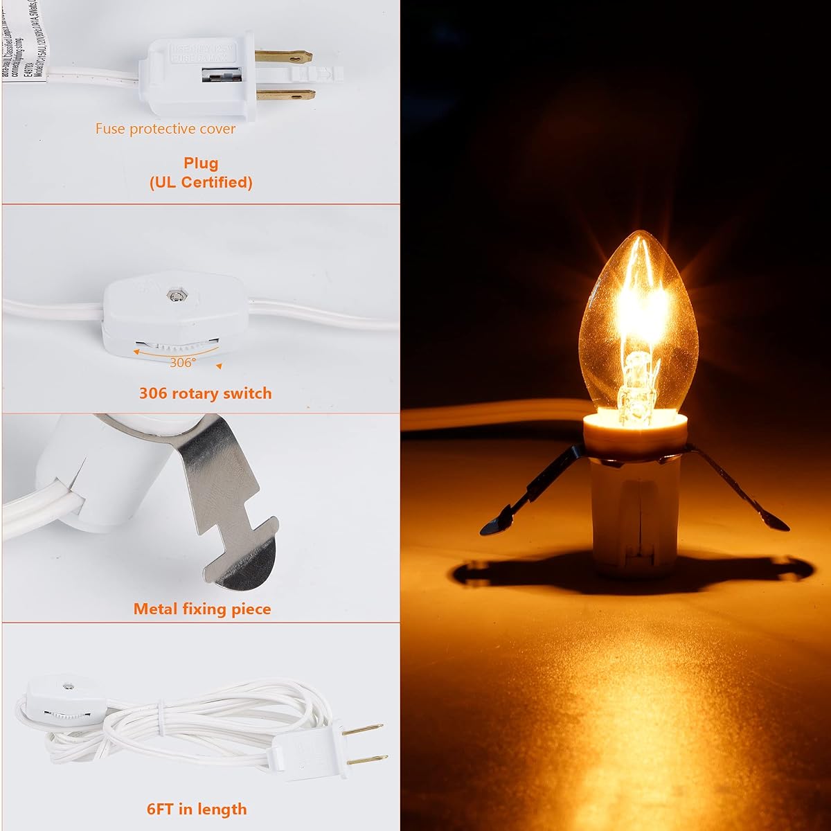 WATERGLIDE 2 Pack Accessory Cord with Clear Bulb, 6 FT UL Listed Replacement Lamp Cord with ON/Off Switch, Perfect for Christmas Village House, Craft Projects, Halloween Holiday Decoration - imagen de detalle 1