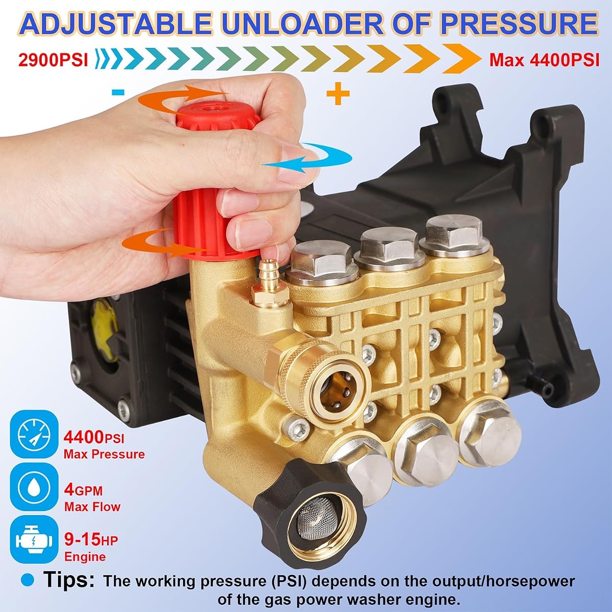 Biswing Pressure Washer Pump, 1" Shaft Horizontal Triplex Plunger, 4400 PSI Max, 4 GPM, Direct Drive Pump with Adjustment Unloader, Replacement Pumps for Cold Water Gas Power Pressure Washer - imagem de detalhe 1