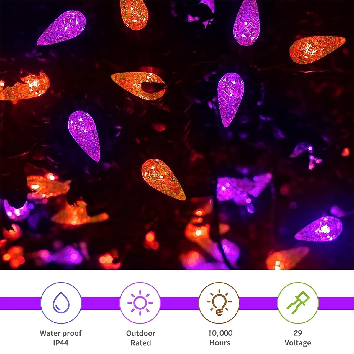 WATERGLIDE Halloween C6 String Lights, 33ft 100 LED Black Wire Fairy Lights with 29V Safe Adaptor, 8 Lighting Mode, Waterproof for Indoor Outdoor Patio Xmas Tree Party Decor, Orange & Purple - imagen de detalle 3