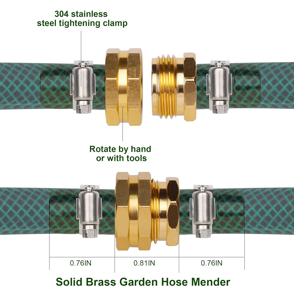 Biswing Garden Hose Repair Connector with Stainless Steel Clamps, 5/8" Barb x 3/4" GHT Thread Aluminum Water Hose Pipe Repair Kit, Female and Male Hose Connectors, 4 Pack - detail image 1