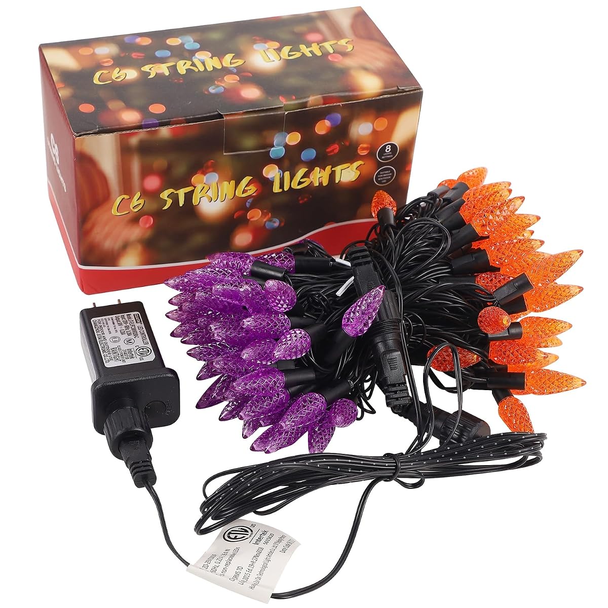 WATERGLIDE Halloween C6 String Lights, 33ft 100 LED Black Wire Fairy Lights with 29V Safe Adaptor, 8 Lighting Mode, Waterproof for Indoor Outdoor Patio Xmas Tree Party Decor, Orange & Purple - imagen de detalle 6