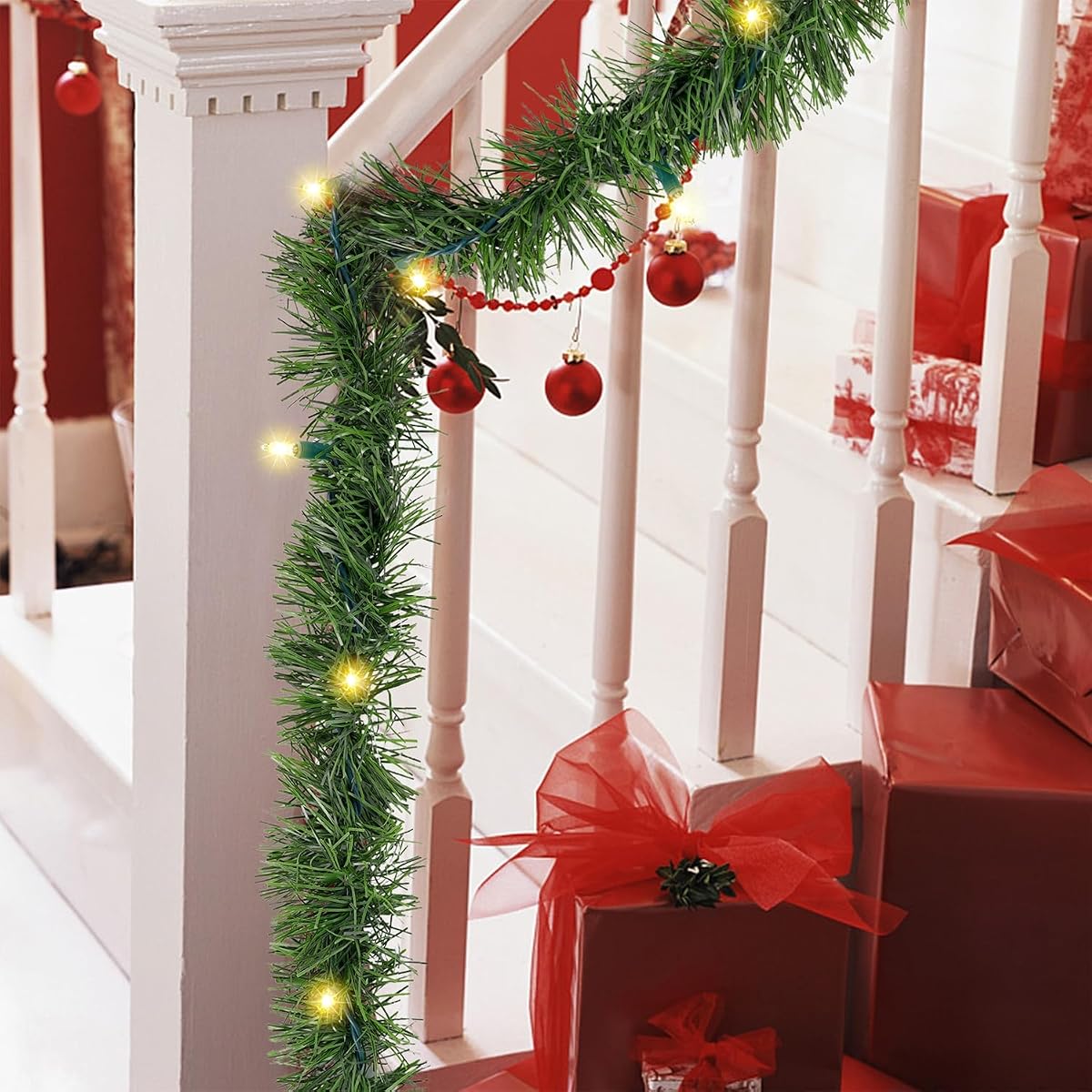 Biswing 50FT Pre-lit Christmas Green Garland, Lighted Artificial Pine Garlands with 100 Count Clear Incandescent Mini Lights, Light Up for Indoor Outdoor Gate Home Winter Holiday New Year Decorations - detail image 3