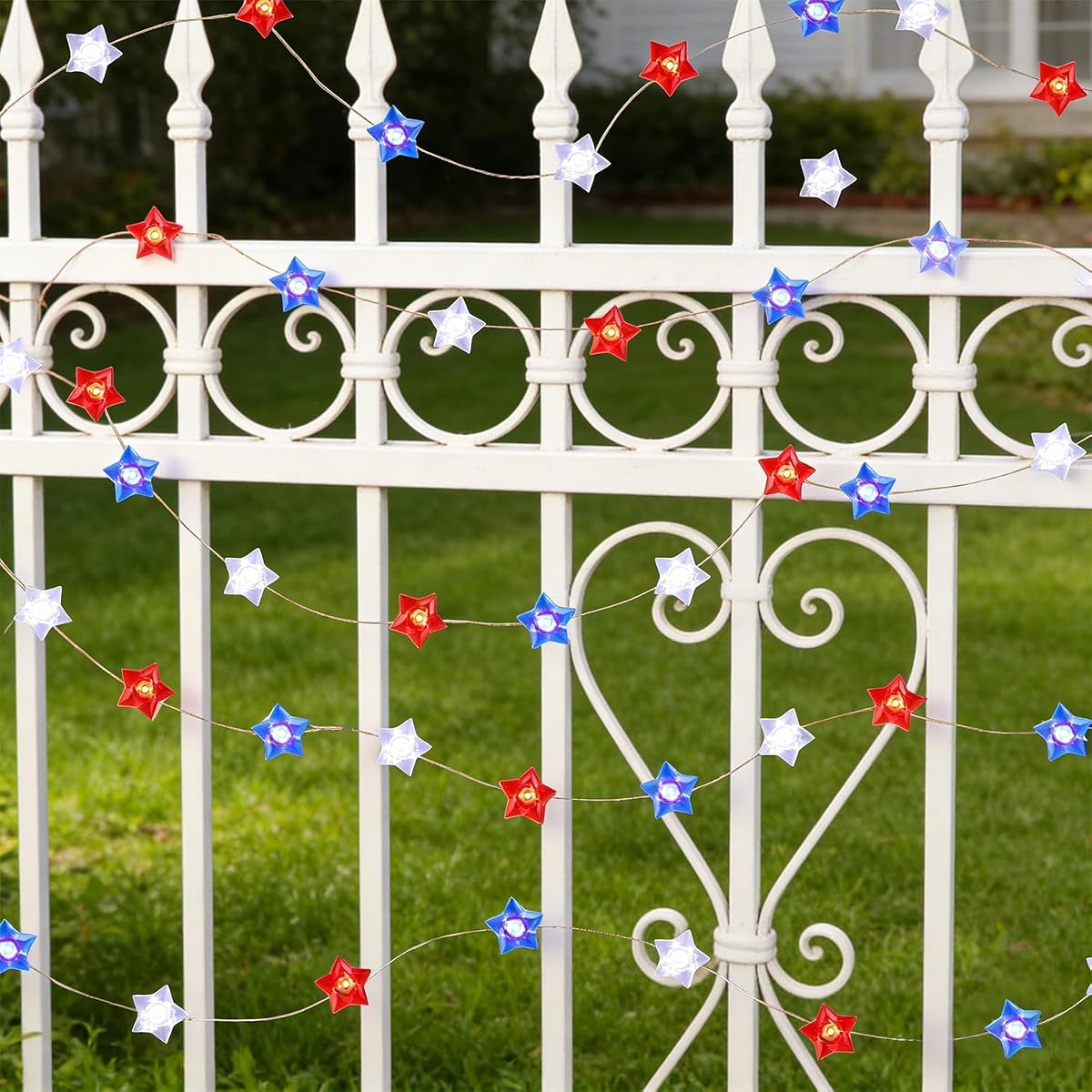 WATERGLIDE 2 Pack 4th of July String Lights, 16FT 50LED Red White and Blue Patriotic Star Lights, Battery Operated with 8 Modes & Timer, Waterproof Indoor Outdoor for Memorial Day Independence Day - detail image 4