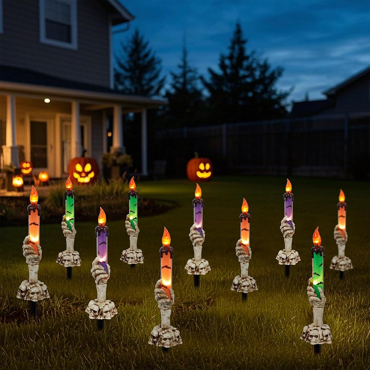 WATERGLIDE Halloween Decoration Candle Light Stakes, 10 Pack Skeleton Hands Hold Lighted Candle Pathway Makers, Waterproof Battery Operated with Timer, Light Up Figurine for Outdoor Holiday Party - imagen de detalle 3