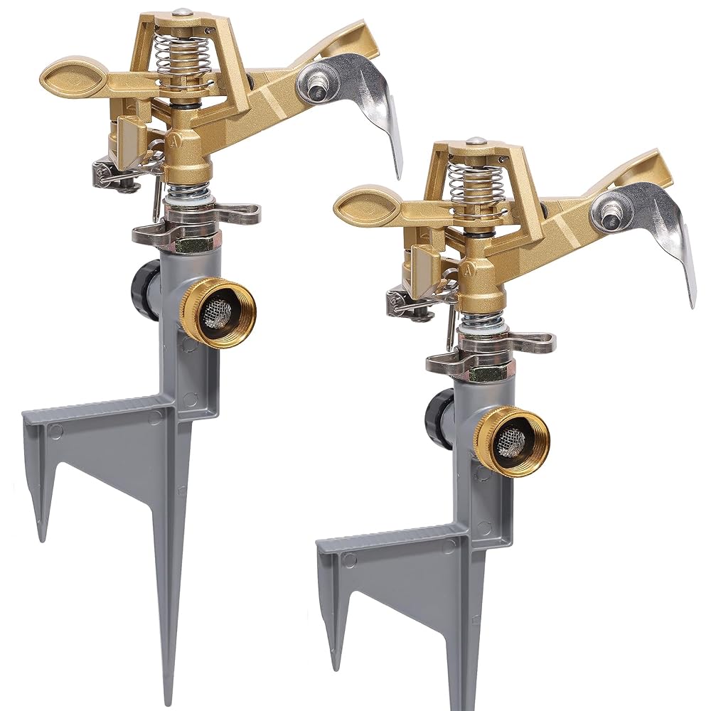 Biswing 2 Pack Impact Sprinkler Head on Metal Step Spike, Heavy Duty Zinc Alloy Lawn Sprinkler, Adjustable Coverage Nozzle on Sturdy Spike Base, 360 Degree Large Area Irrigation