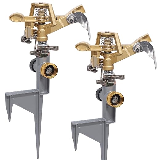 Biswing 2 Pack Impact Sprinkler Head on Metal Step Spike, Heavy Duty Zinc Alloy Lawn Sprinkler, Adjustable Coverage Nozzle on Sturdy Spike Base, 360 Degree Large Area Irrigation