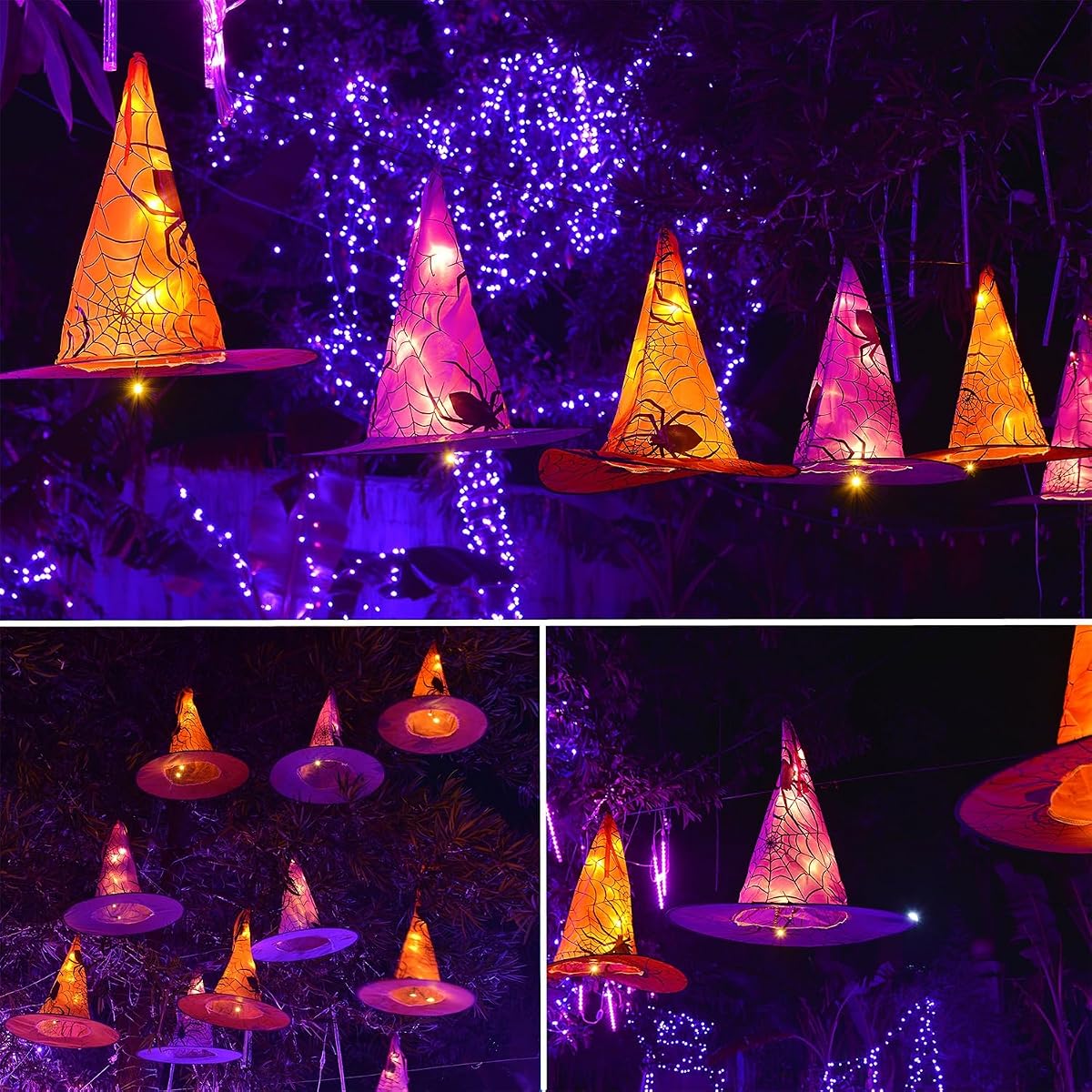 WATERGLIDE 2Pack Halloween Decorations, 8Pcs Each Lighted Hanging Witch Hats, Remote Control with 8 Modes Light Up 14 FT Halloween String Lights, for Indoor Outdoor Yard, Lawn, Graveyard Scenes Party - imagen de detalle 1