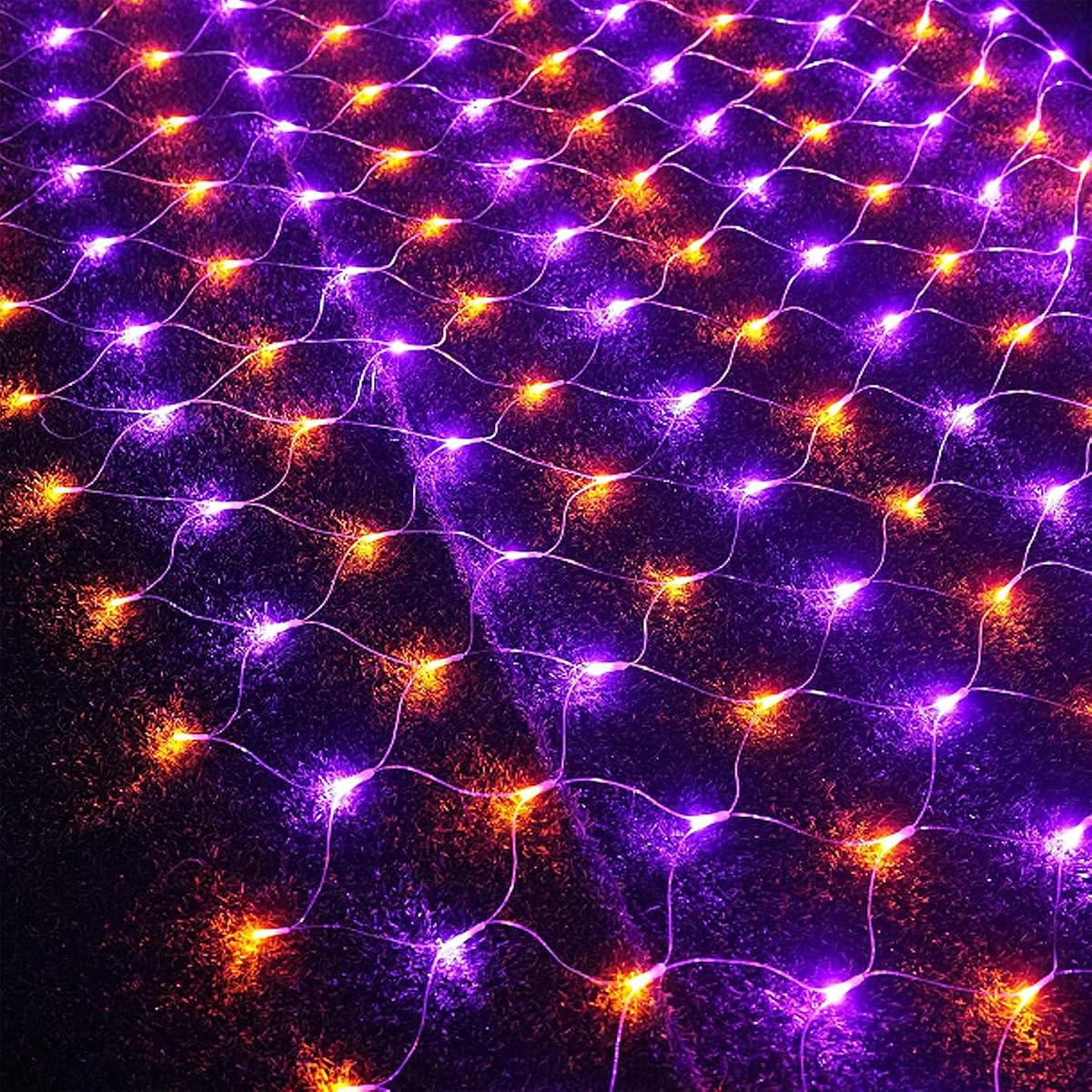 WATERGLIDE Outdoor Halloween Net Lights, 12FT x 5FT 360 LED Fairy String Light with 8 Lighting Modes, Connectable Light Safe Adaptor for Garden Tree Bushes Holiday Party Decorations, Orange & Purple - imagem de detalhe 6