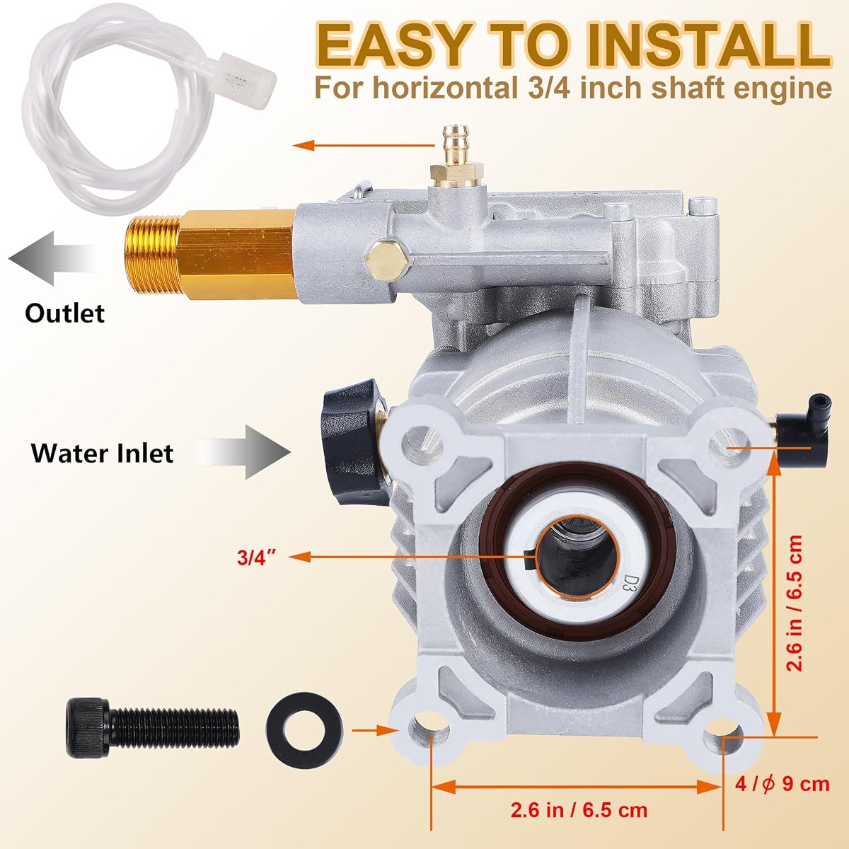 Biswing Pressure Washer Pump, 3/4" Shaft Horizontal Axial Plunger, 3400 PSI Max, 2.5 GPM, Replacement Pumps for Cold Water Gas Power Pressure Washer - detail image 3