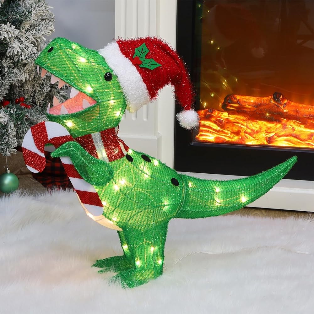 WATERGLIDE Lighted Christmas Green Dinosaur, 22.5 Inch Pre-Lit 3D Tinsel Tyrannosaurus Xmas Red Hat Outdoor Yard Decor, Light Up with Clear Lights & Plug in for Festive Holiday Garden Lawn Display