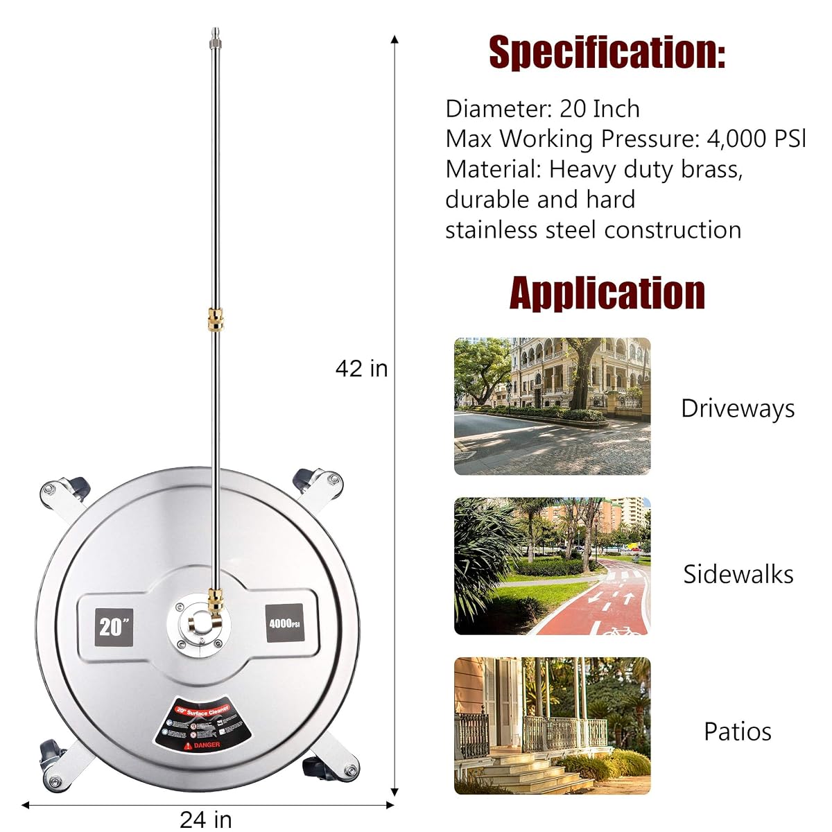 Biswing 20" Pressure Washer Stainless Steel Surface Cleaner with 4 Wheels & 1/4" Quick Connector, Power Washer Attachment with 2 Extension Wand, 2 Replacement Nozzles, 4000 PSI - imagen de detalle 1